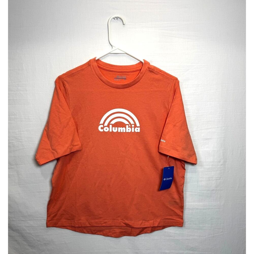 Columbia Peach Coral Rainbow Logo Tee Womens Small Petite NWT Cotton Blend